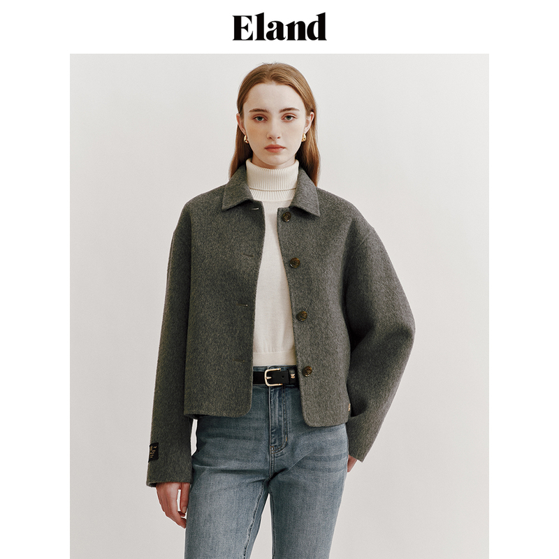 Eland衣恋格雷系气质女士双面毛呢短款舒适外套简约风EEJWE11Q93