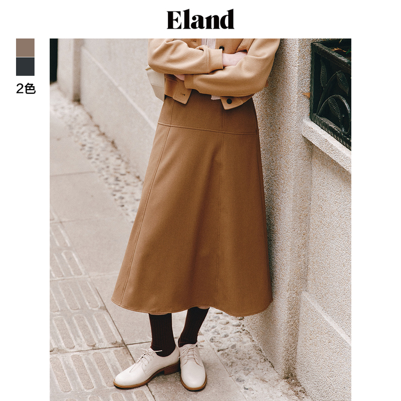 E·LAND衣恋半身裙女长款A字中高腰伞裙隐形拉链新款EEWHE11Q96