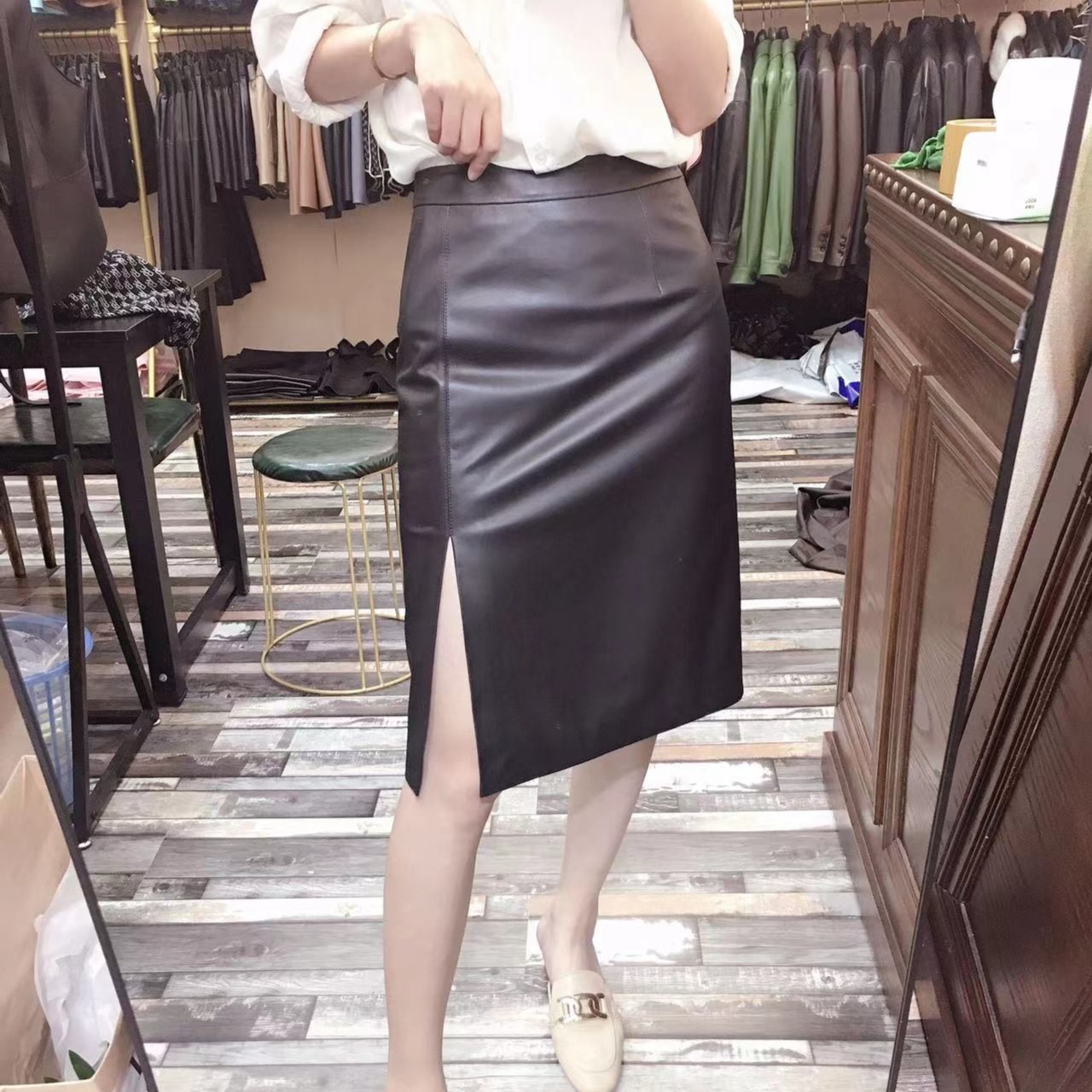 <顾小姐>海宁真皮包臀裙优雅气质绵羊皮一步裙807