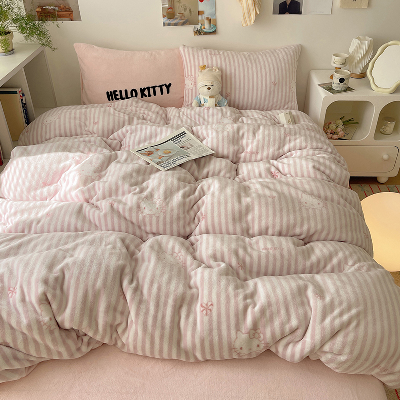 少女心hellokitty牛奶绒加厚四件套KT猫双面绒被套床单女孩三件套