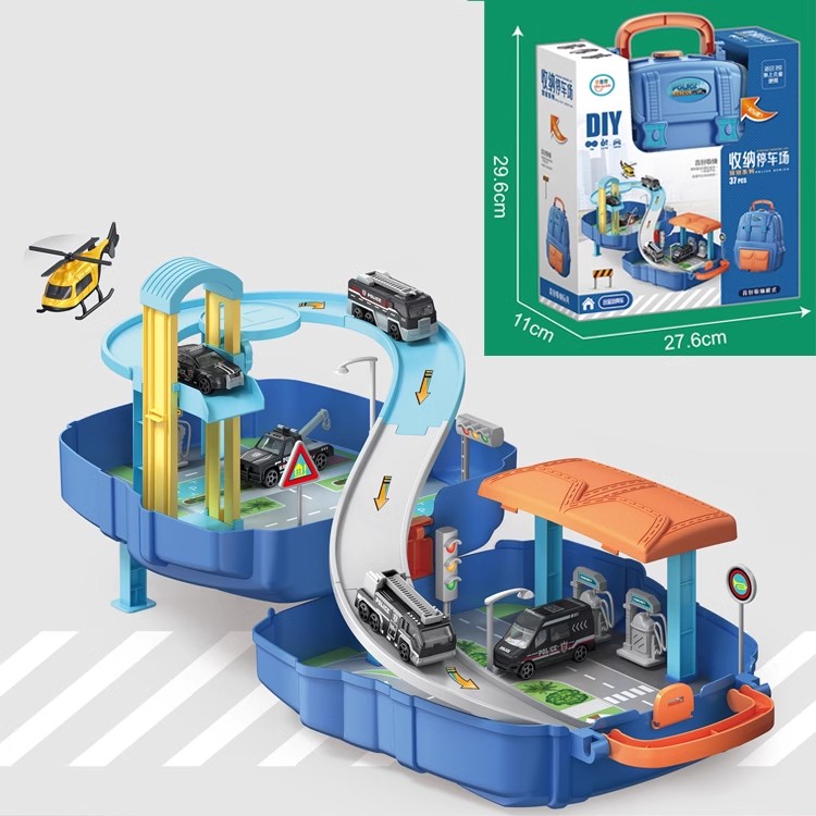 轨道车合金拼装工程消防警车赛车套装停车场背包益智轨道车玩具