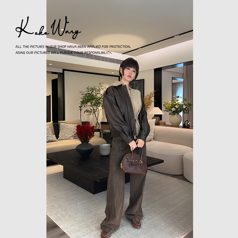 KOKO WANG秋冬复古擦色飞行员夹克外套皮衣女外套190684F11W41