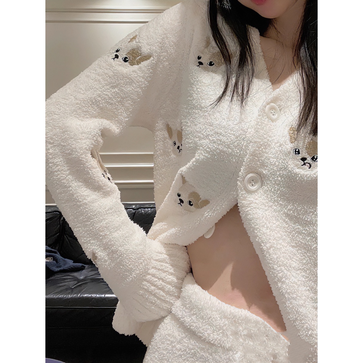 秋冬软绵绵情侣睡衣男女加厚保暖可爱满身刺绣法斗开衫居家服套装