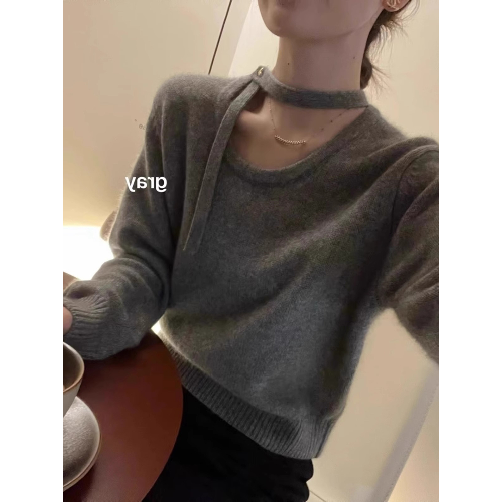 设计感挂脖飘带毛衣女秋冬小心机时尚内搭打底针织衫洋气上衣