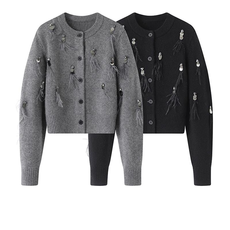法式小香风毛衣女2025新款秋冬重工流苏亮片镶钻羽毛针织开衫高级