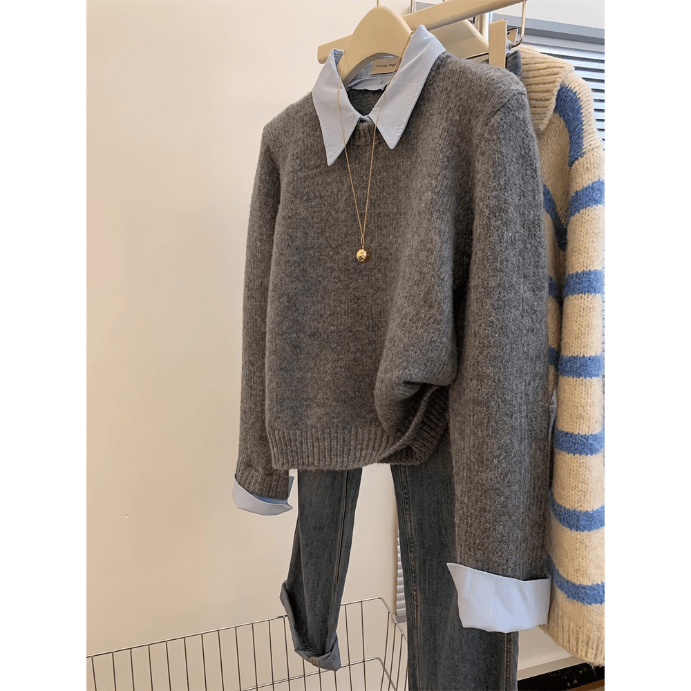 灰色假两件polo领内搭毛衣女春秋慵懒风宽松长袖针织衫短款上衣