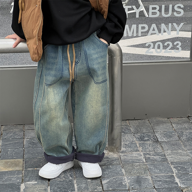 儿童加绒加厚复古牛仔裤2023新款冬款中小童宽松裤子男宝宝直筒裤