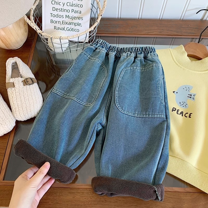  巨洋气有型～韩国童装儿童加绒牛仔裤男女宝宝休闲百搭宽松直筒裤