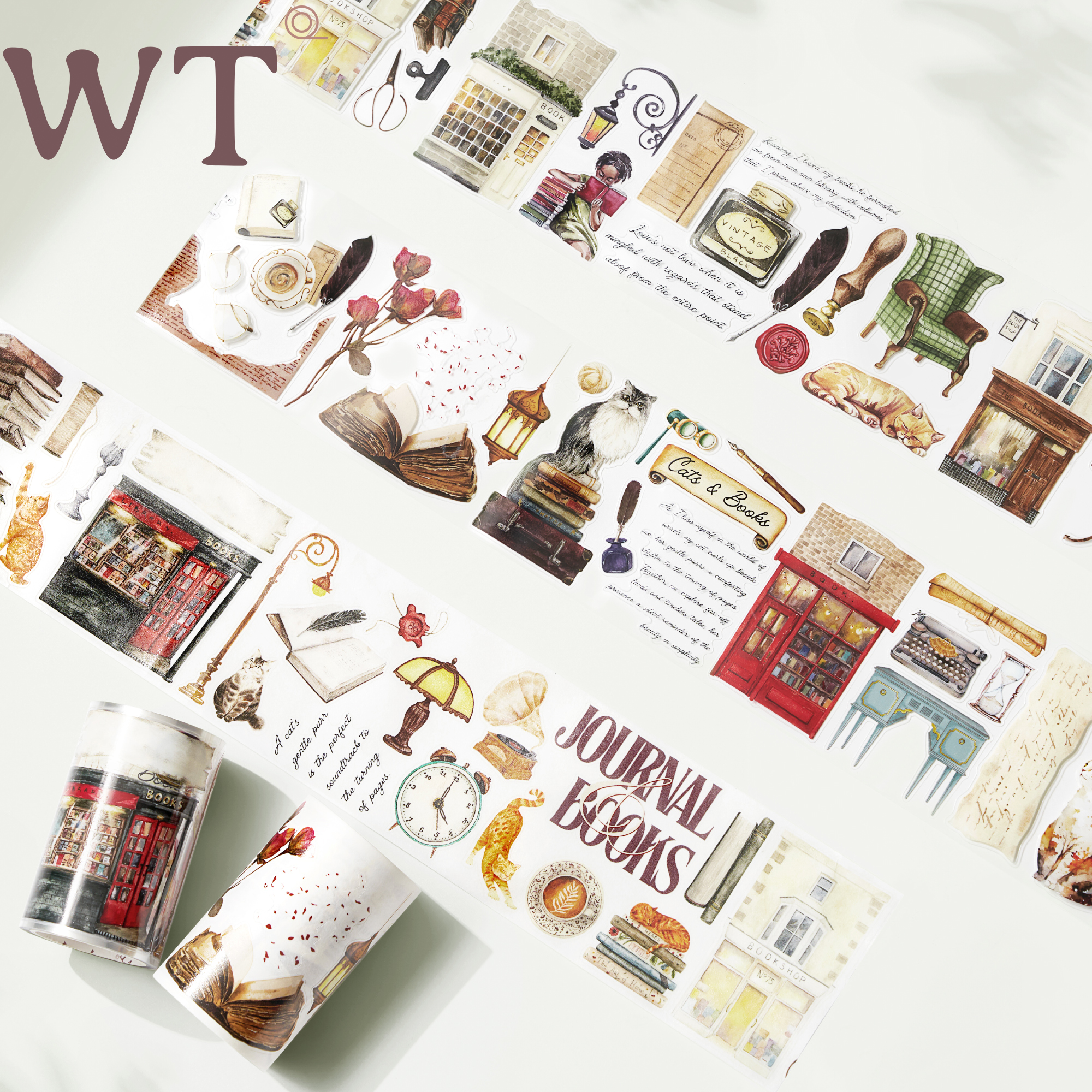 WT原创胶带 猫咪书店 童话英伦风手帐胶带和纸PET英文Ins风模切
