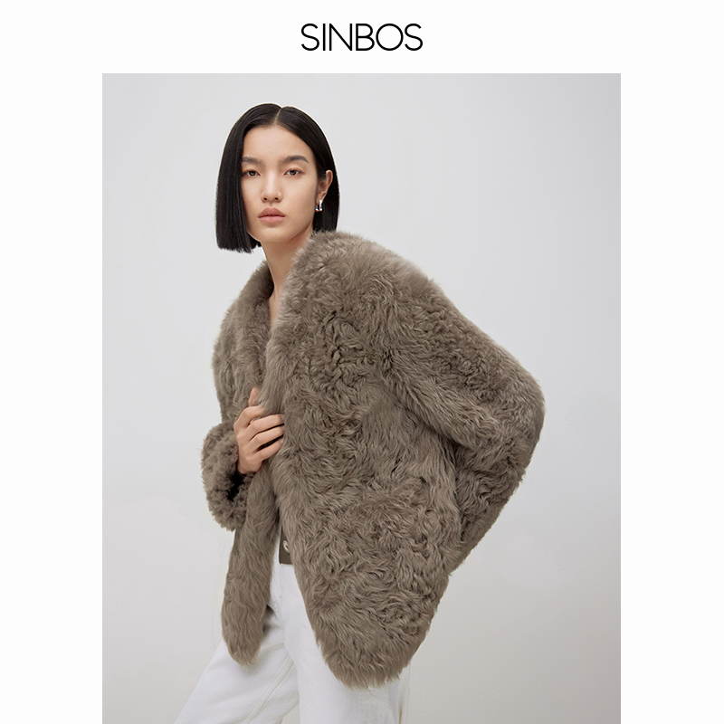SINBOS香颂 进口托斯卡纳皮毛一体女冬新款羊卷毛V领外套