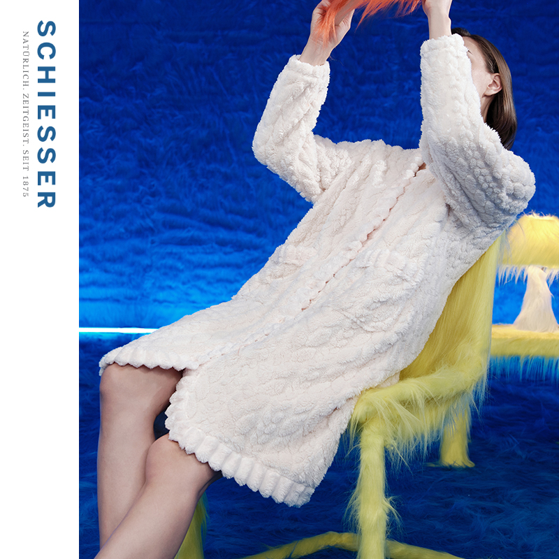 SCHIESSER舒雅秋冬新品女士舒棉绒剪花V领开衫家居服睡裙浴袍