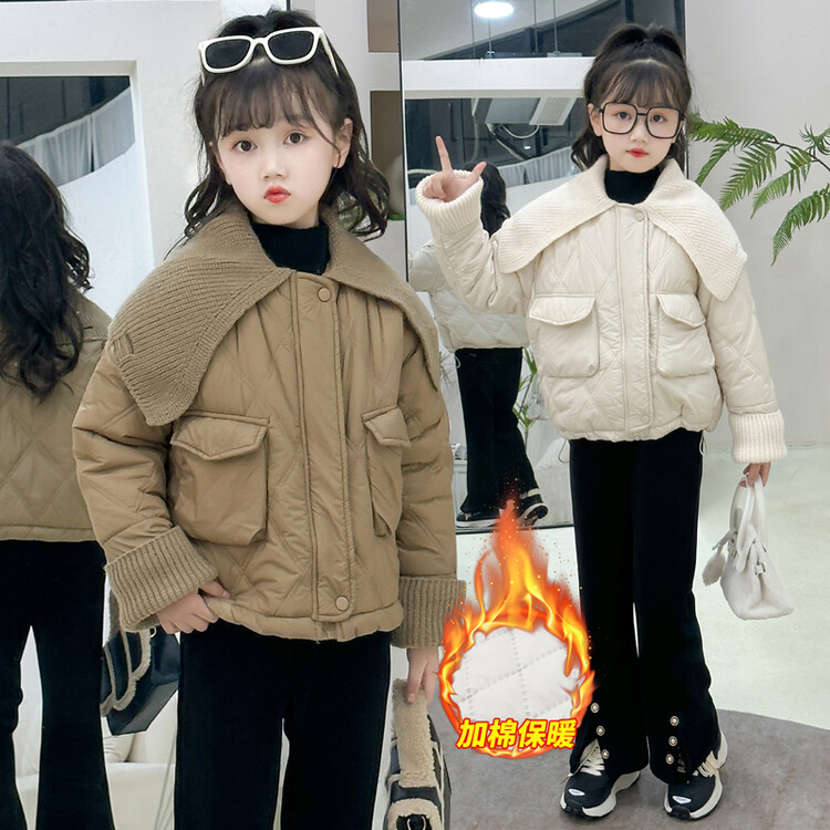 女童冬装时髦洋气毛线领棉服中大童女孩夹棉加厚韩版儿童棉衣外套