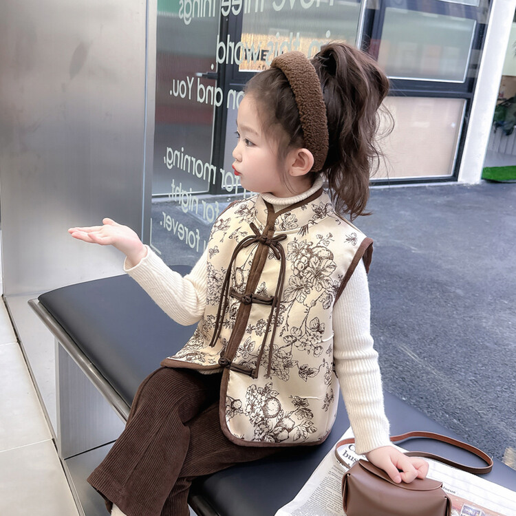 童装国风新中式唐装马夹女童加绒马甲儿童年服背心宝宝汉服坎肩冬