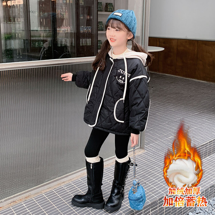 宝宝时髦女童棉袄外套秋冬季新款中大童连帽加绒儿童加厚笑脸棉衣