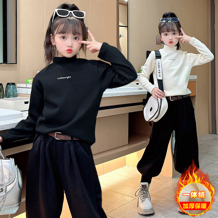 网红女童打底衫加绒冬装新款女大童儿童洋气加厚一体绒半高领上衣