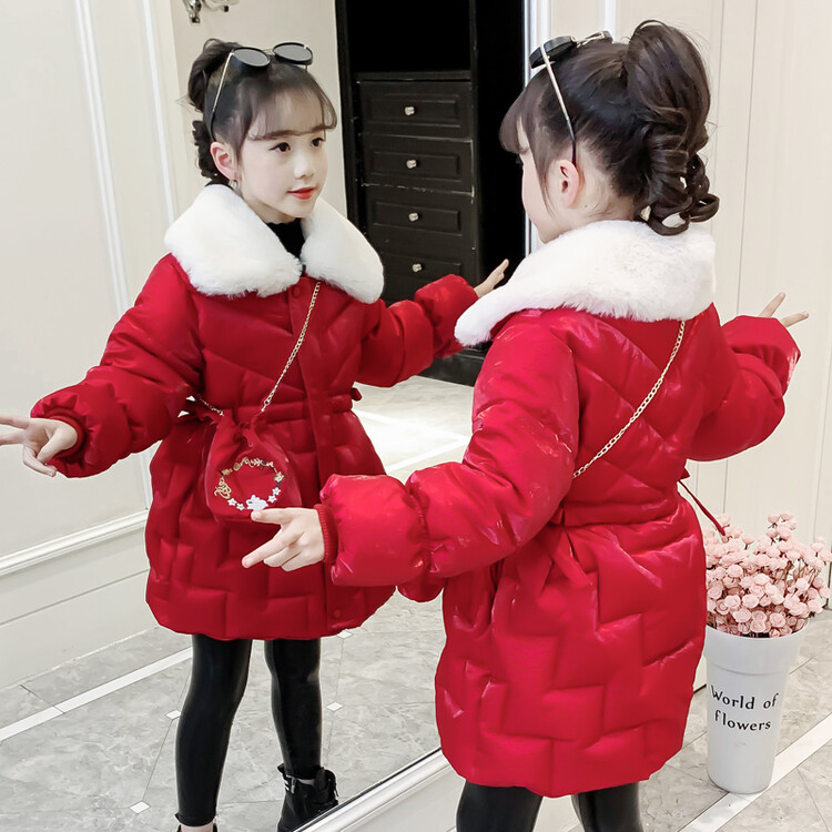 秋冬女童棉服新款冬装中小童女宝宝冬季洋气中国红中长款加绒棉袄