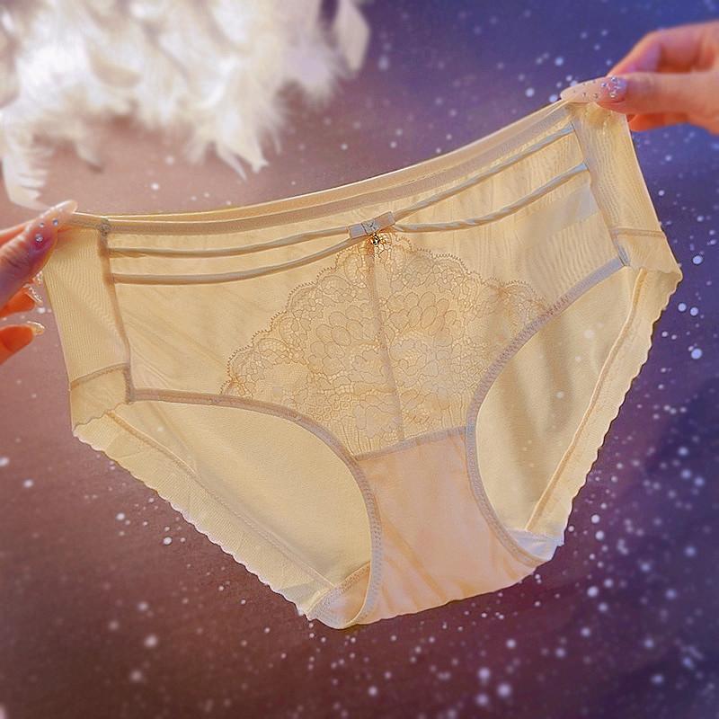 法式舒适性感轻薄半透明女士内裤精致蕾丝提花蝴蝶结纯欲三角裤