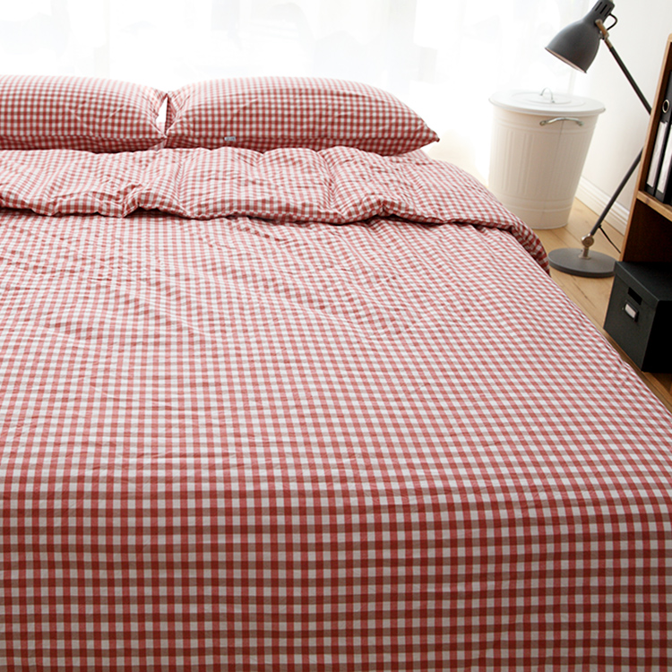 日式复古米红格子全棉水洗棉床单被套被罩枕套纯棉床品可定做