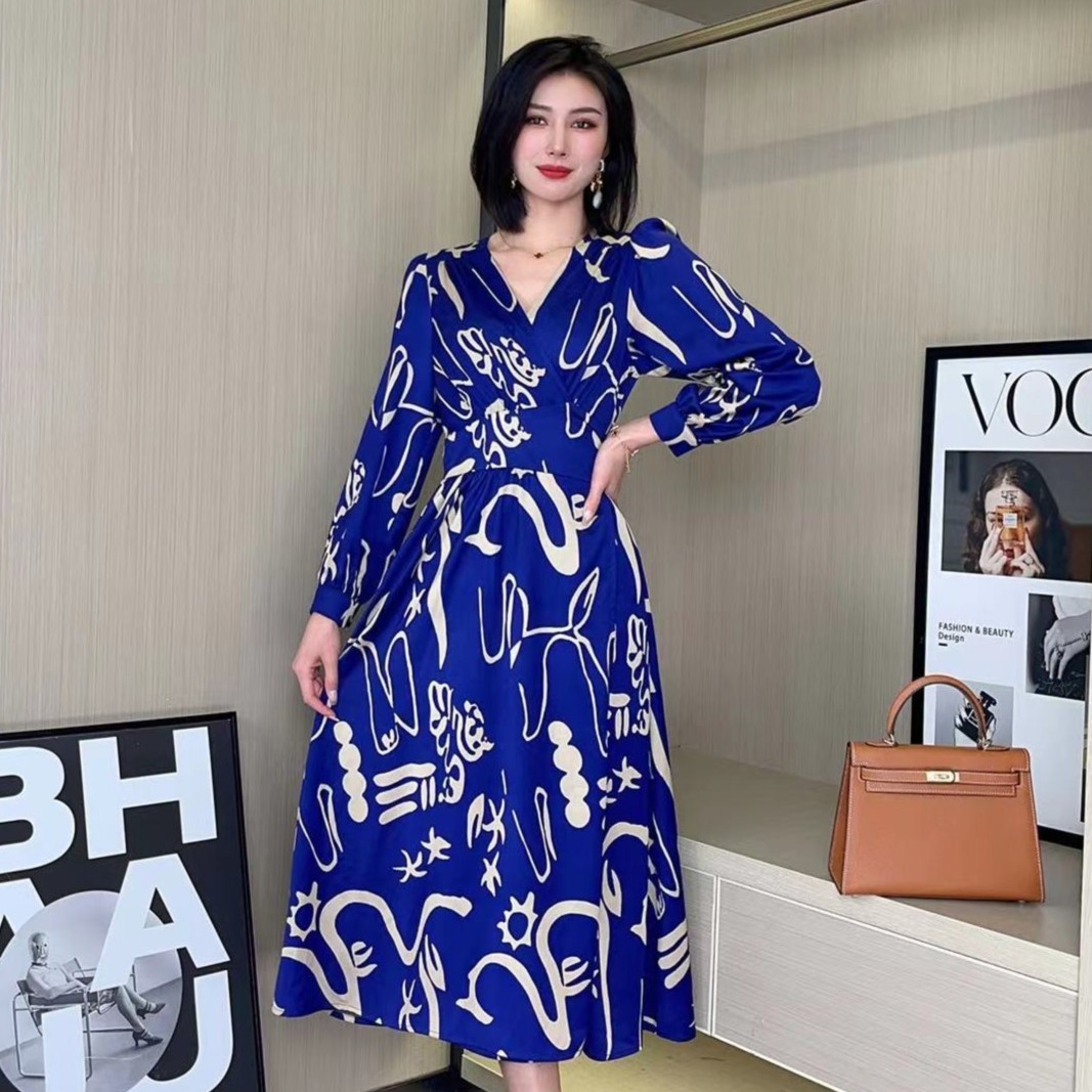 轻奢蓝色复古收腰修身轻熟风V领时尚气质绑带法式连衣裙长裙8210