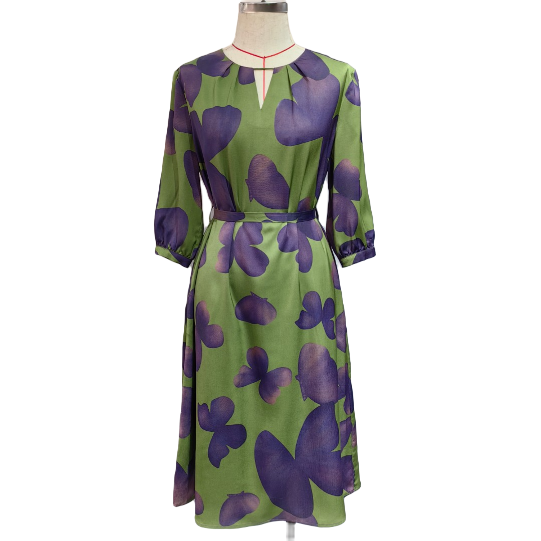 绿色收腰修身轻熟风法式印花连衣裙A字系带轻奢显瘦气质长裙8608#