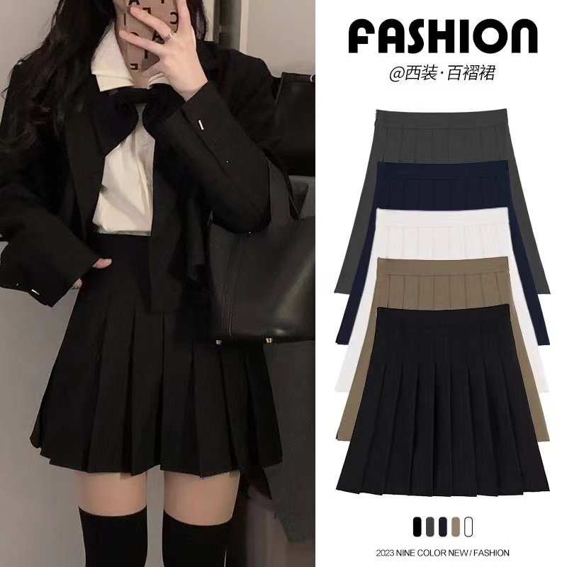 黑色a字百褶裙女早秋冬百搭高腰美式学院风高腰宽褶短裙半身裙