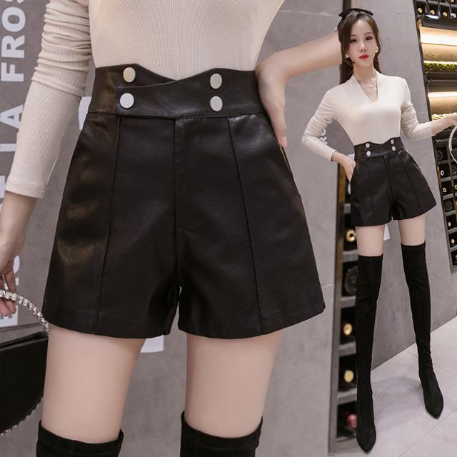 PU短裤女秋冬2023年新款高腰双扣A字休闲裤百搭外穿打底靴裤潮