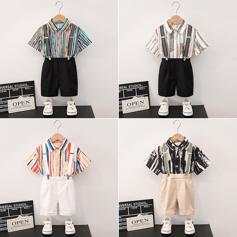 港风痞帅花衬衣短袖背带裤套装男童休闲条纹衬衫夏季新款儿童套装