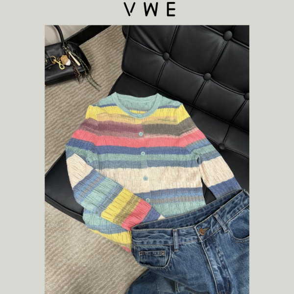 2024新款羊毛针织衫显瘦长袖时尚百搭复古条纹撞色条纹上衣