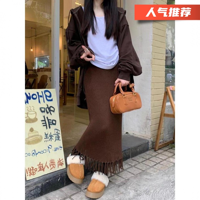 秋冬加厚高腰显瘦流苏裙尾坑条包臀裙开叉中长款半身裙女长裙