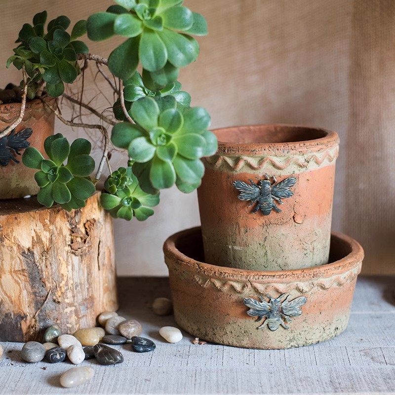 掬涵蜜蜂红陶做旧花盆椭圆花器复古美式泥瓦盆欧式田园杂货花园
