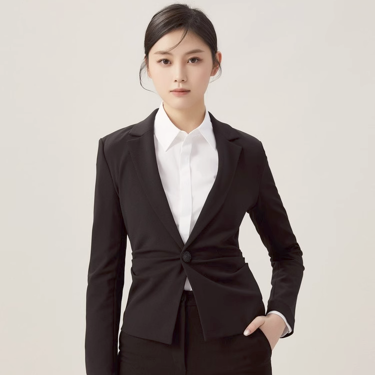 哥弟气质收腰褶设计商务一粒扣黑色西装外套1400672-4208511-001