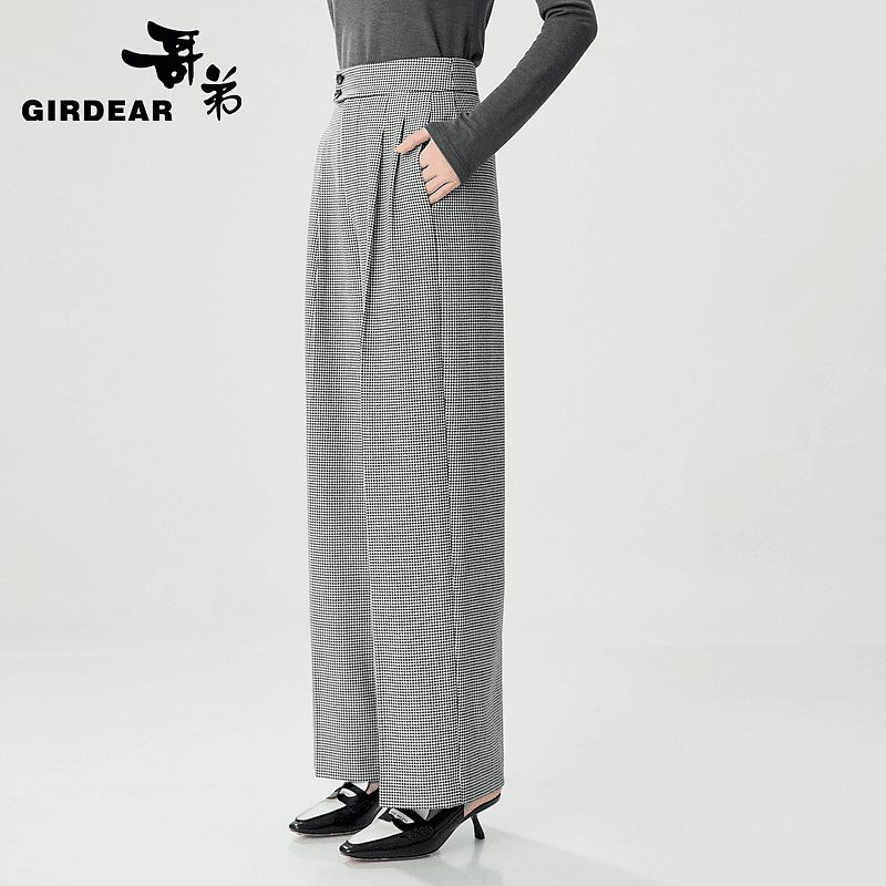哥弟秋季新款女款时尚高腰复古千鸟格纹直筒巴黎长裤西裤1100500