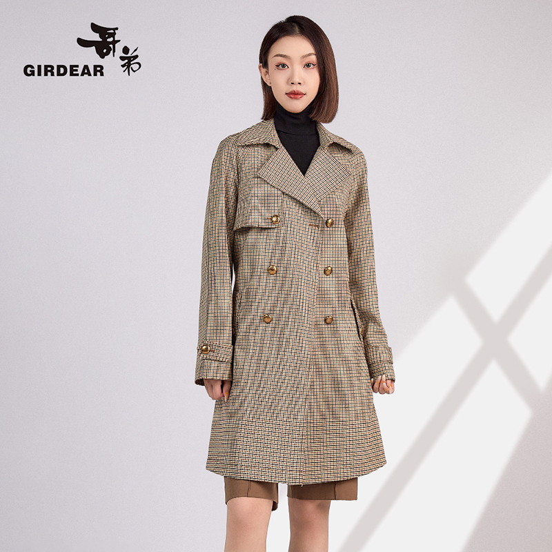 哥弟GIRDEAR 英伦风宽松大气中长款双排扣格子风衣外套女1400666