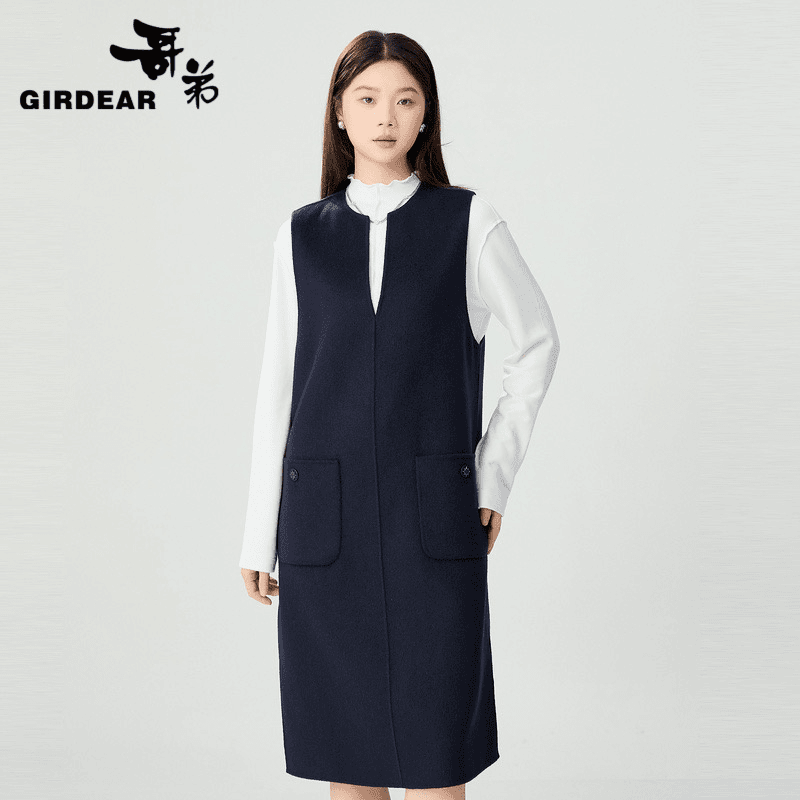 GIRDEAR/哥弟1500501时尚宽松H版复古V领双面尼无袖中长连衣裙