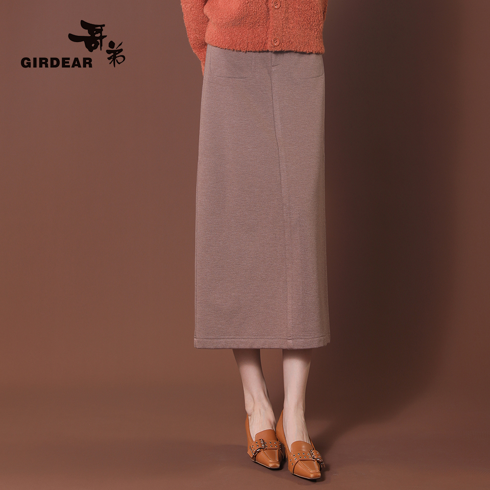 GIRDEAR/哥弟 新年穿搭百搭高腰中长款口袋直筒开叉植绒裙1200369