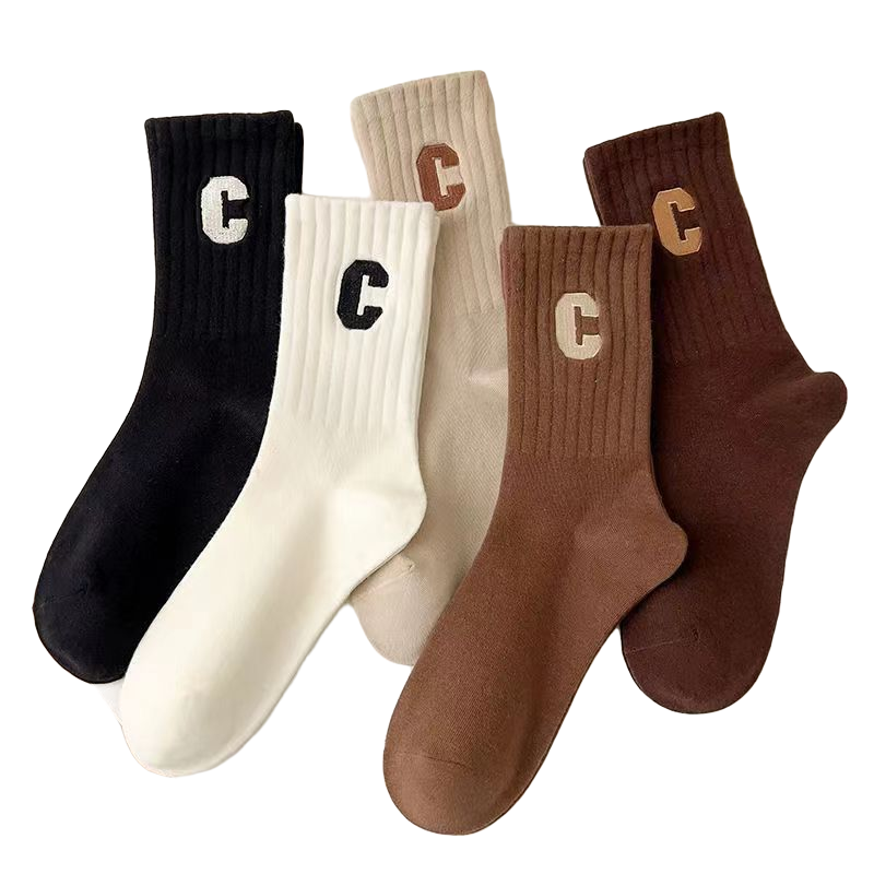 5双装袜子女中筒袜字母C运动女长筒袜ins潮流百搭秋冬季高筒袜子