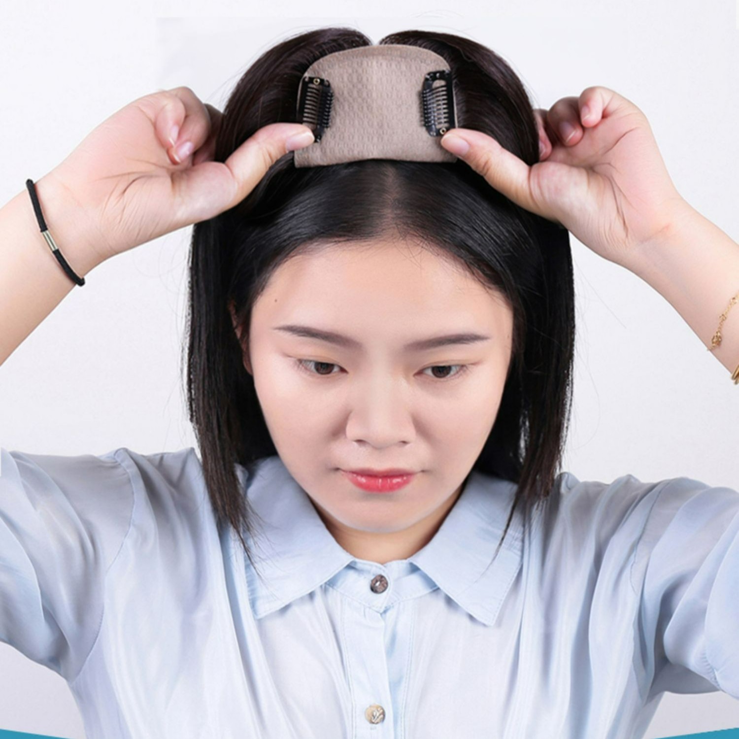 头顶补发遮白发假发片女真人发丝隐形无痕真发发片递针发顶补发片