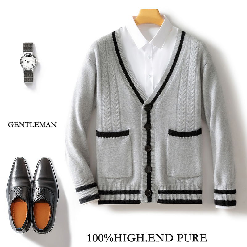 厂家直销2024秋冬款100%纯羊毛男士双兜拼色V领开衫休闲针织外套