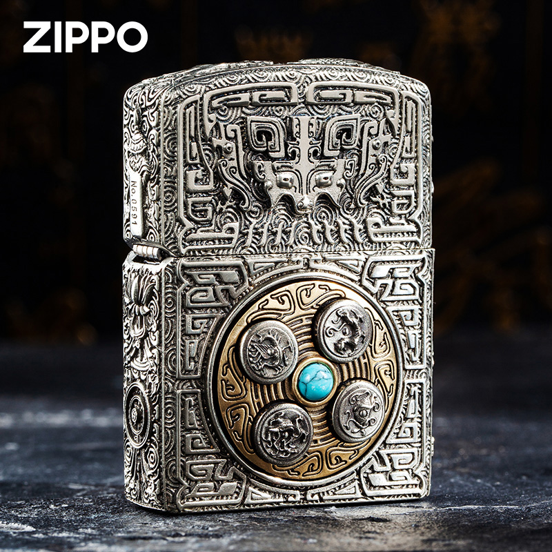 ZIPPO打火机九宫四象八卦古银限量星盘套壳机男送礼物重甲机DYJ1