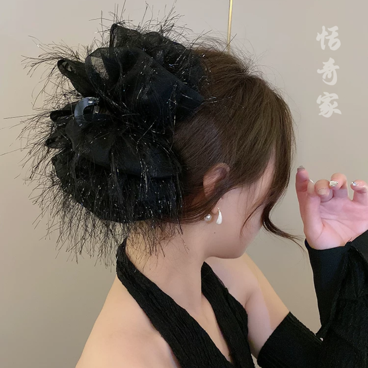 恬奇家a750”细丝蝴蝶结“高定多层蝴蝶结大抓夹法式优雅轻奢黑色