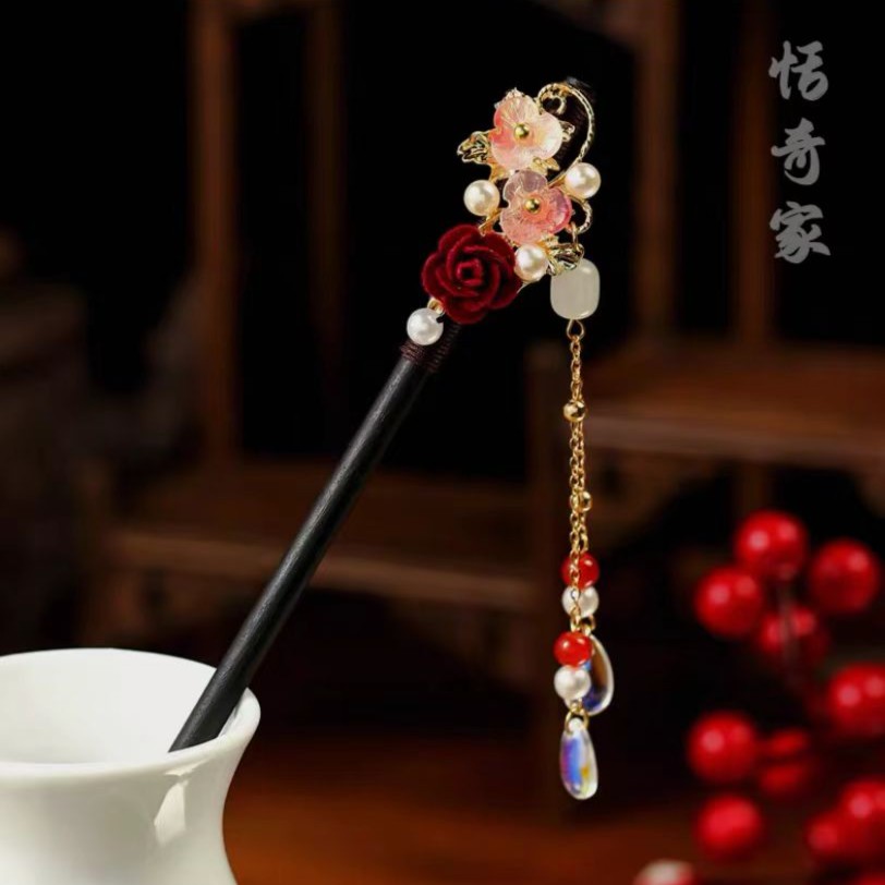 恬奇家3604“笙歌婉转”步摇流苏发簪木质古风仙气高级简约檀木盘发