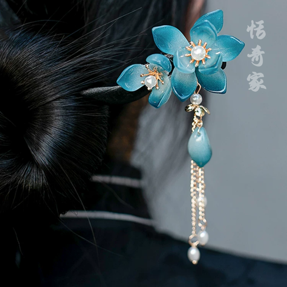 恬奇家1197“岫玉兰花”手工蓝色复古发簪超仙简约旗袍流苏高级感