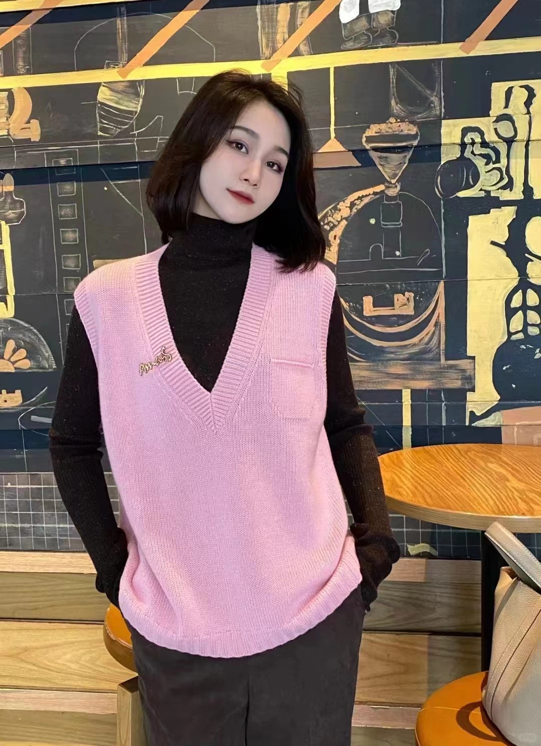阿家秋冬百搭V领口袋针织背心马甲（不退换）5399256