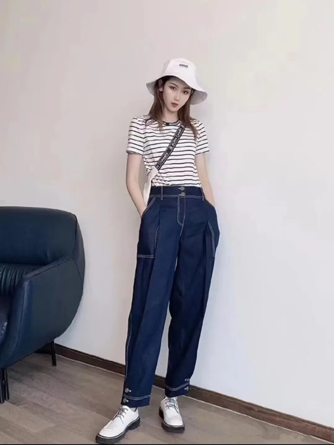 阿家百搭休闲时尚松紧腰亚麻工装萝卜裤（不退换）5100253