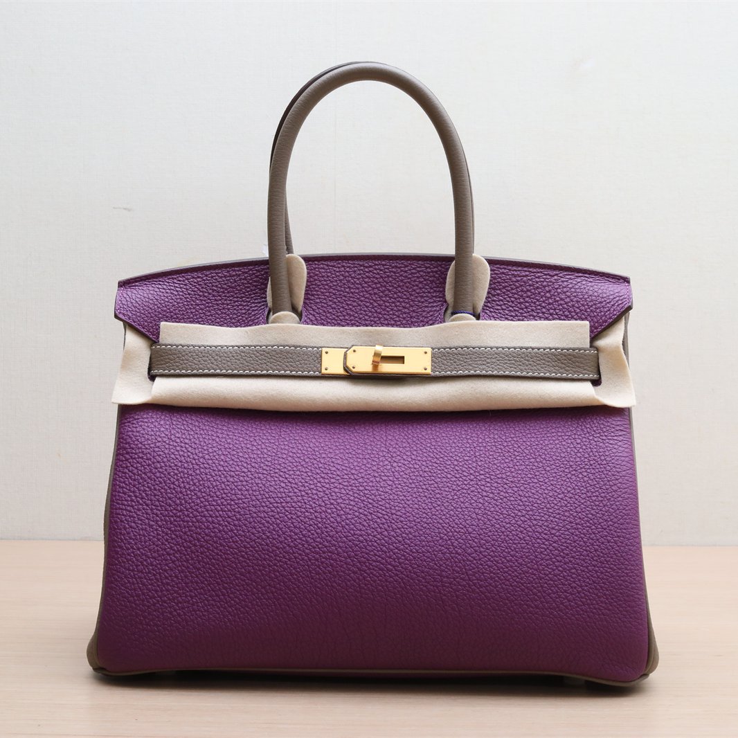 99新 Hermes/爱马仕 【小花Han】Birkin 30 灰拼海葵紫 Tg皮A刻包