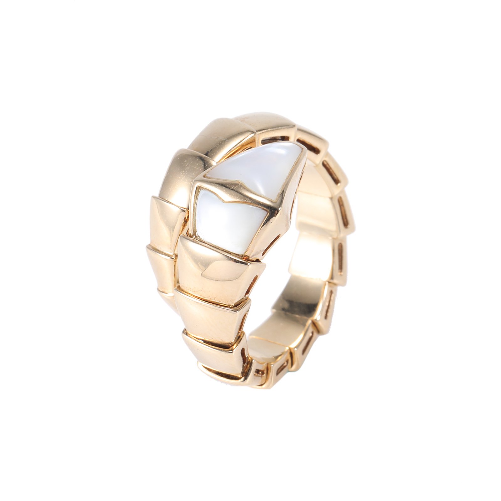 99新 BVLGARI/宝格丽 【小花念念】蛇骨戒指 18K玫瑰金/白贝母 m