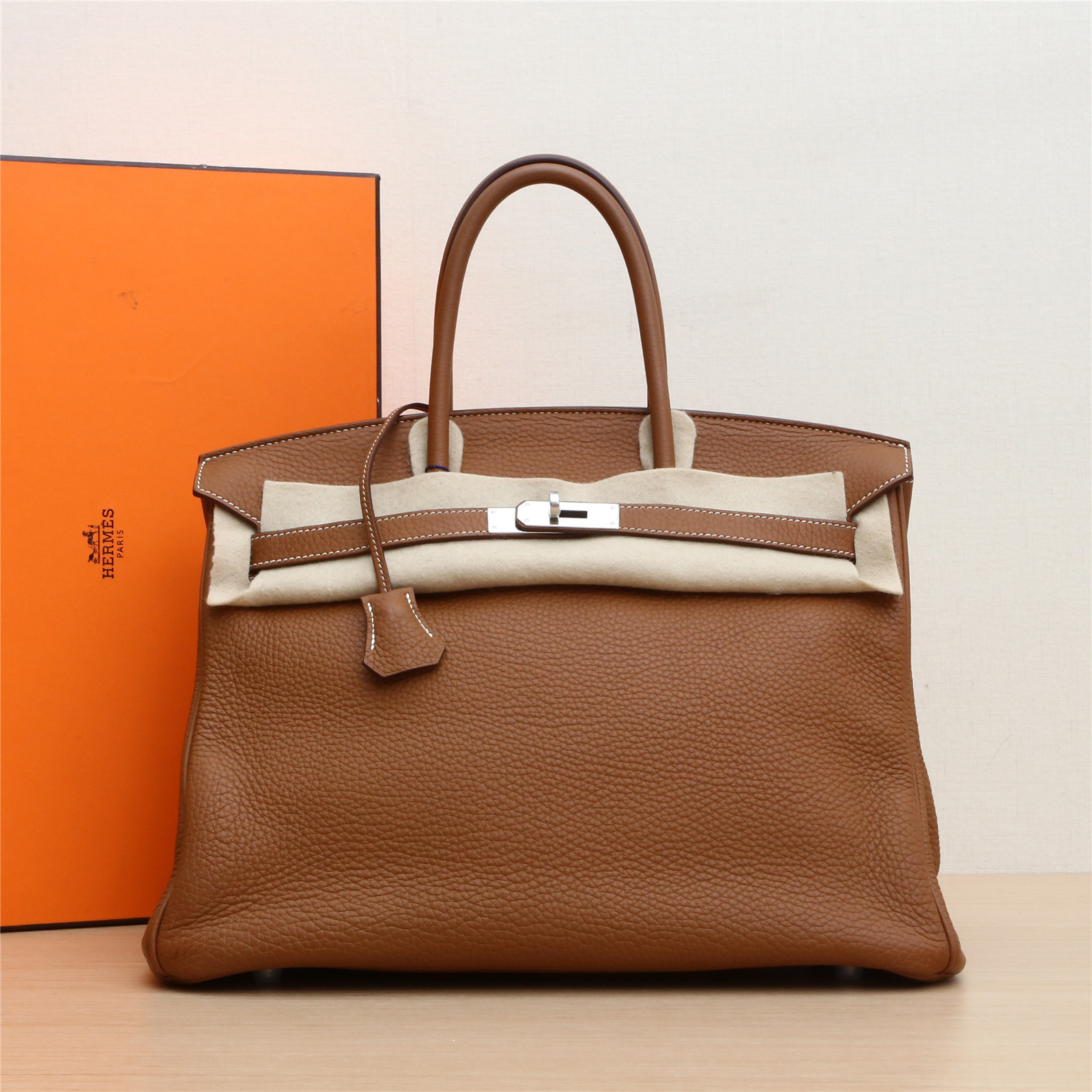 99新 Hermes/爱马仕 【小花Han】Birkin 35 金棕 Tg皮 框N 银扣包