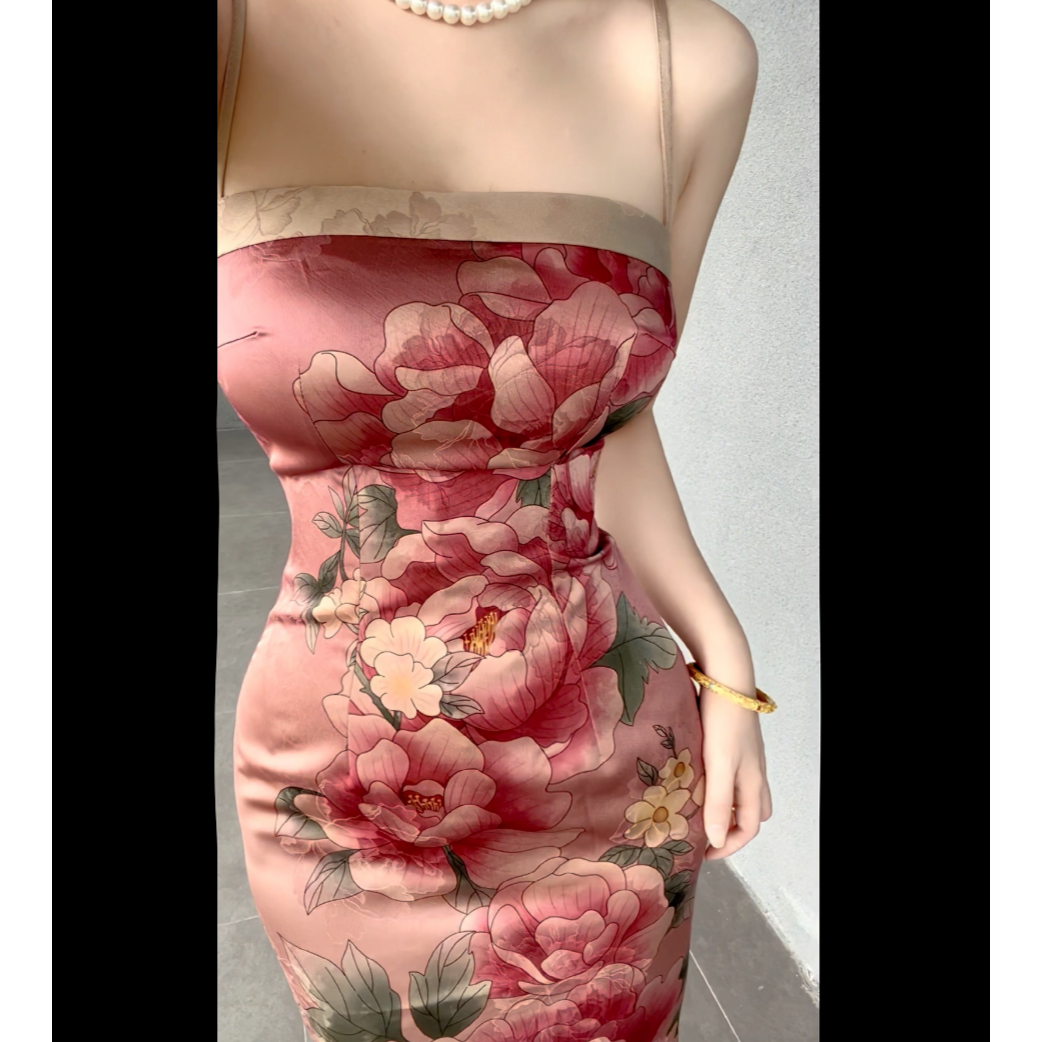 ［桃芝东方美学］原创复古新中式定位花吊带裙【花洛】显瘦气质时尚