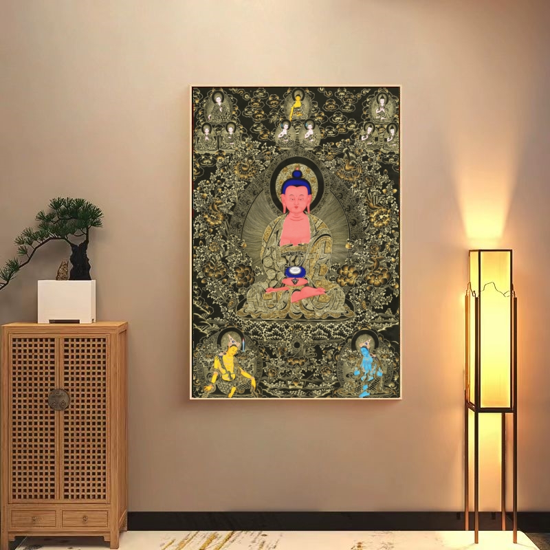 吉祥摆件<阿弥陀佛画像>黑金唐卡风禅房吉祥高档精美藏式佛像摆件