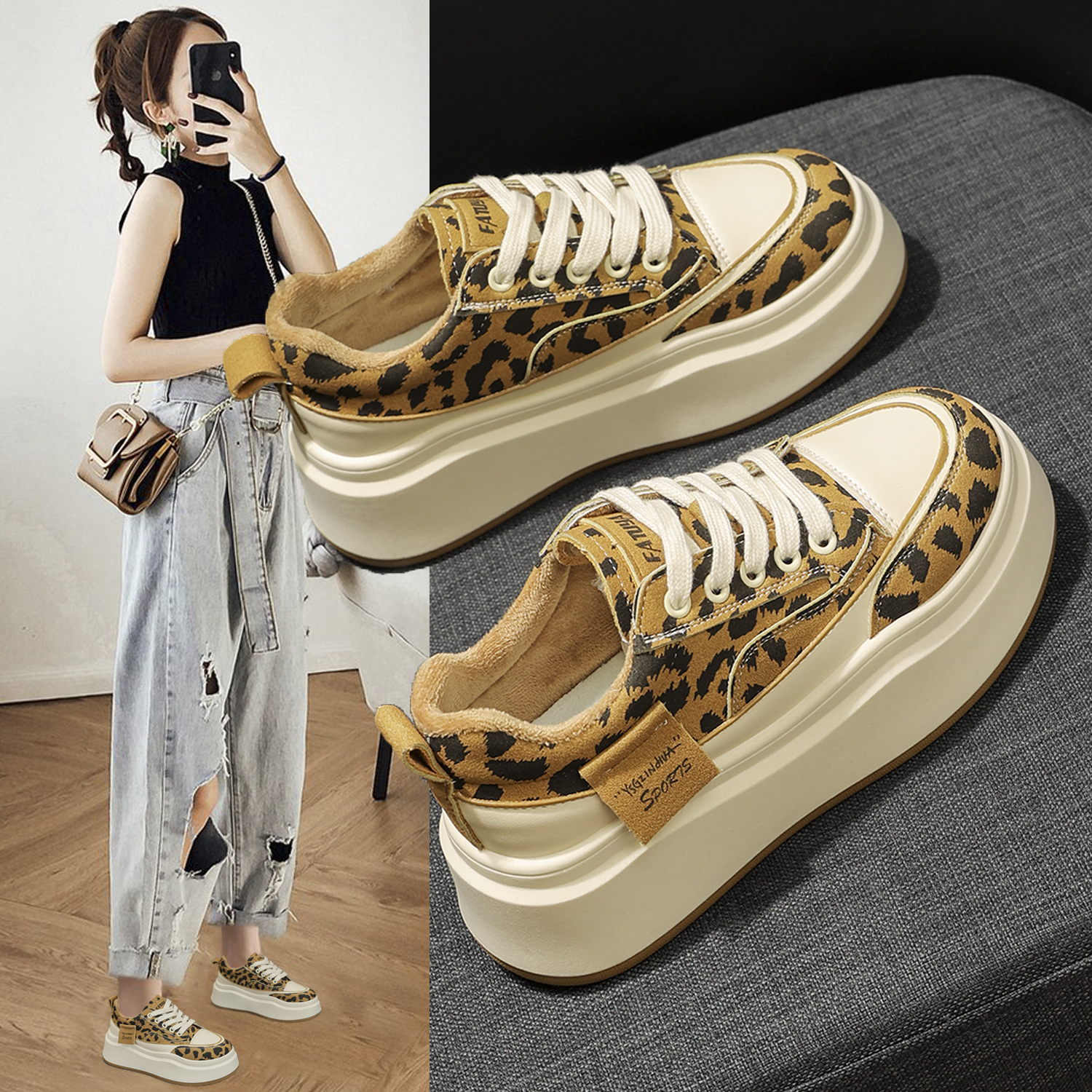 秋冬季新款增高6cm时尚休闲鞋爆款百搭加绒保暖厚底女鞋